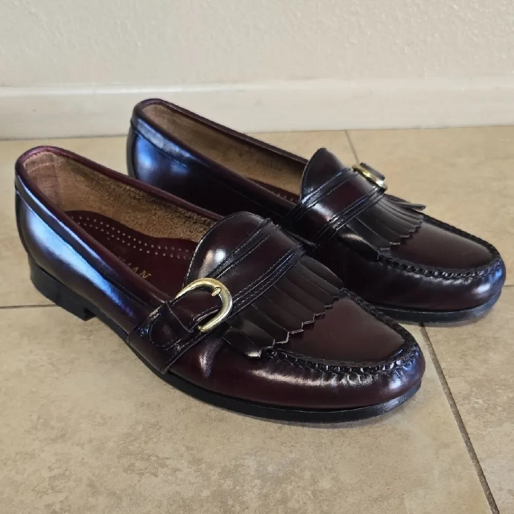 Cole Haan Dark Brown Leather Loafers with Fringe and Buckle